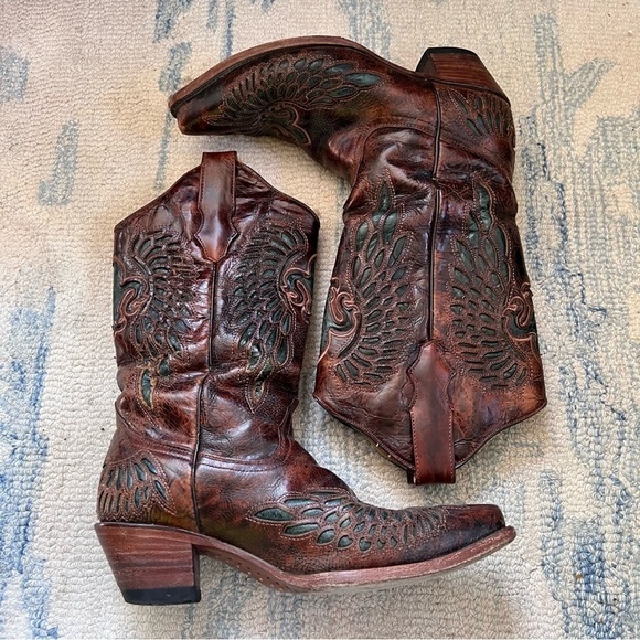 CORRAL Chestnut Turquoise Wing Fleur de Lis Snip Toe Cowgirl Boots Size 9.5 - Picture 13 of 13